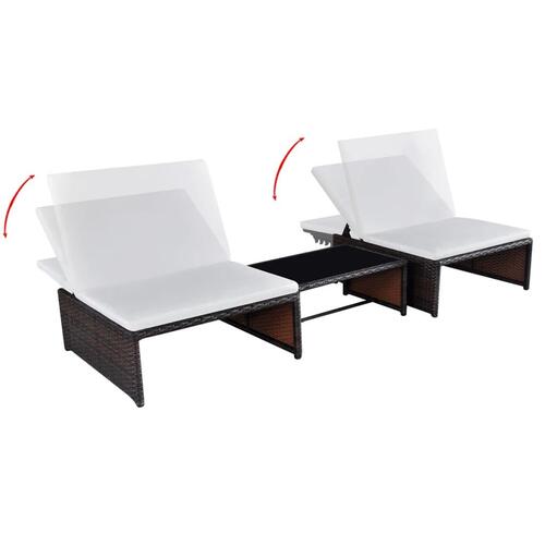 Havestole 2 stk. med lænefunktion og bord polyrattan brun
