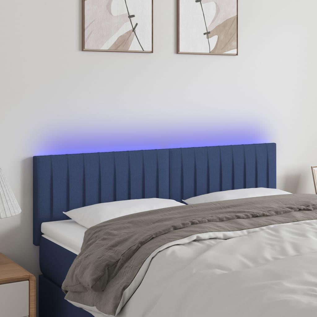 Sengegavl med LED-lys 144x5x78/88 cm stof blå billede