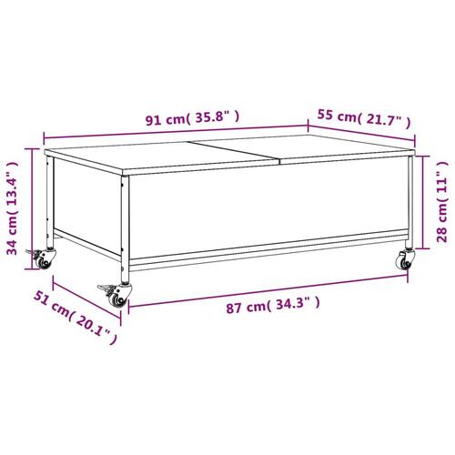 Sofabord med hjul 91x55x34 cm konstrueret træ sort