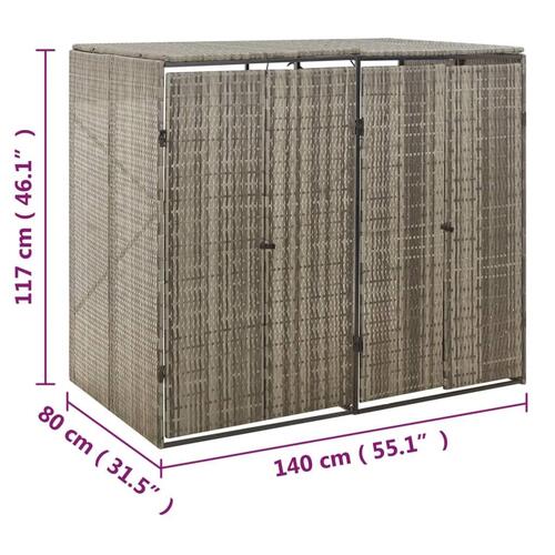 Dobbelt skraldespandsskjuler 140x80x117 cm polyrattan grå