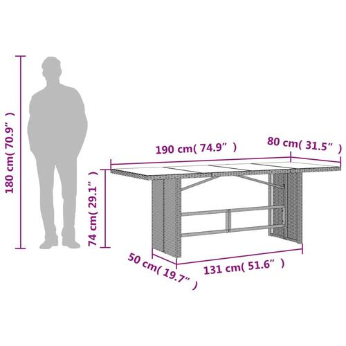 Havebord med glastop 190x80x74 cm polyrattan grå