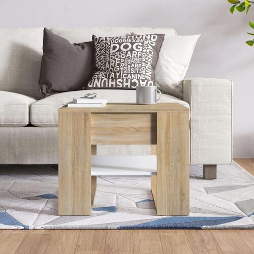 Sofabord 55,5x55x45 cm konstrueret træ hvid og sonoma-eg