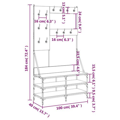 Tøjstativ med skoopbevaring 100x40x184 cm røget egetræsfarve
