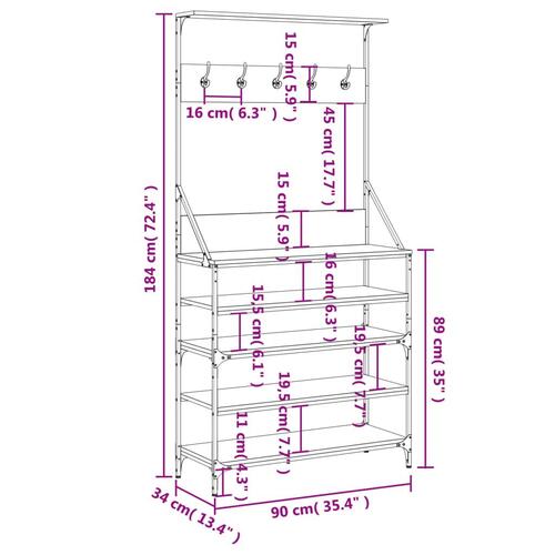 Tøjstativ med skoopbevaring 90x34x184 cm grå sonoma-eg