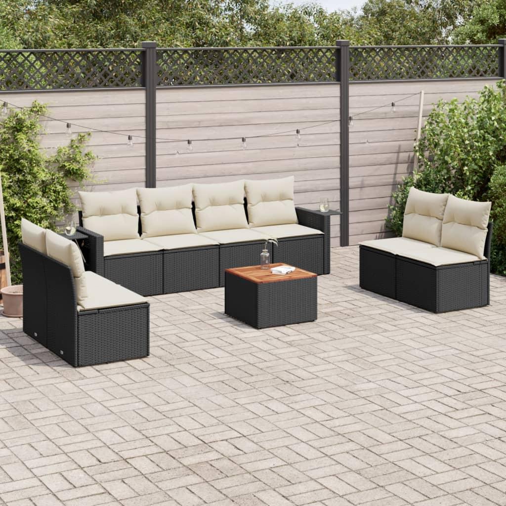Havesofasæt i polyrattan - 9 dele med hynder, sort