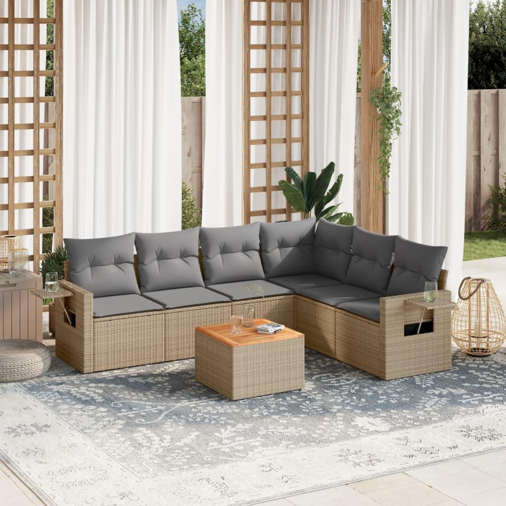 Havesofasæt 7 dele med hynder polyrattan beige
