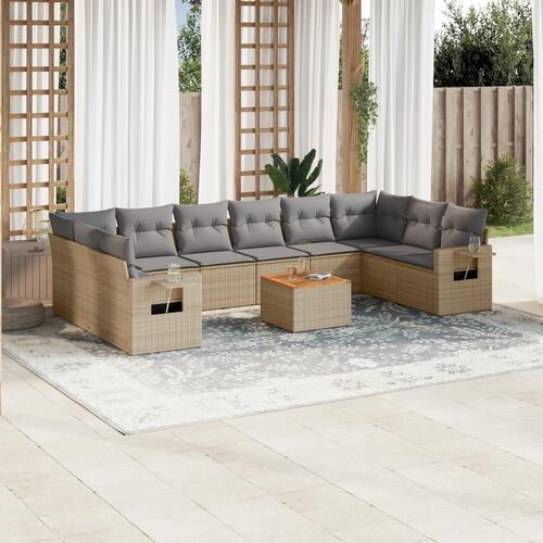 Havesofasæt 11 dele med hynder polyrattan beige