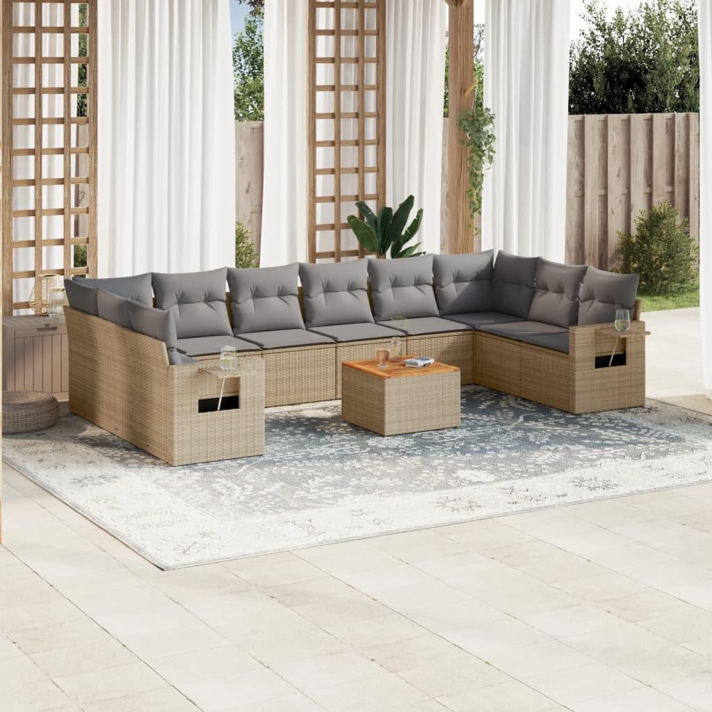 Havesofasæt 11 dele med hynder polyrattan beige