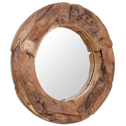 Dekorativt spejl i teak 80 cm rundt