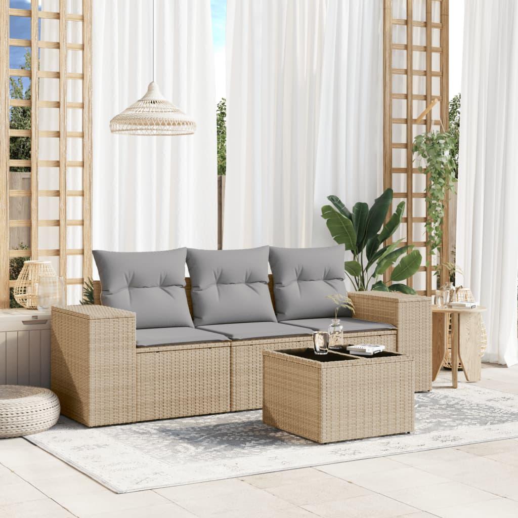 Sofasæt til haven i polyrattan - 4 dele med hynder, beige