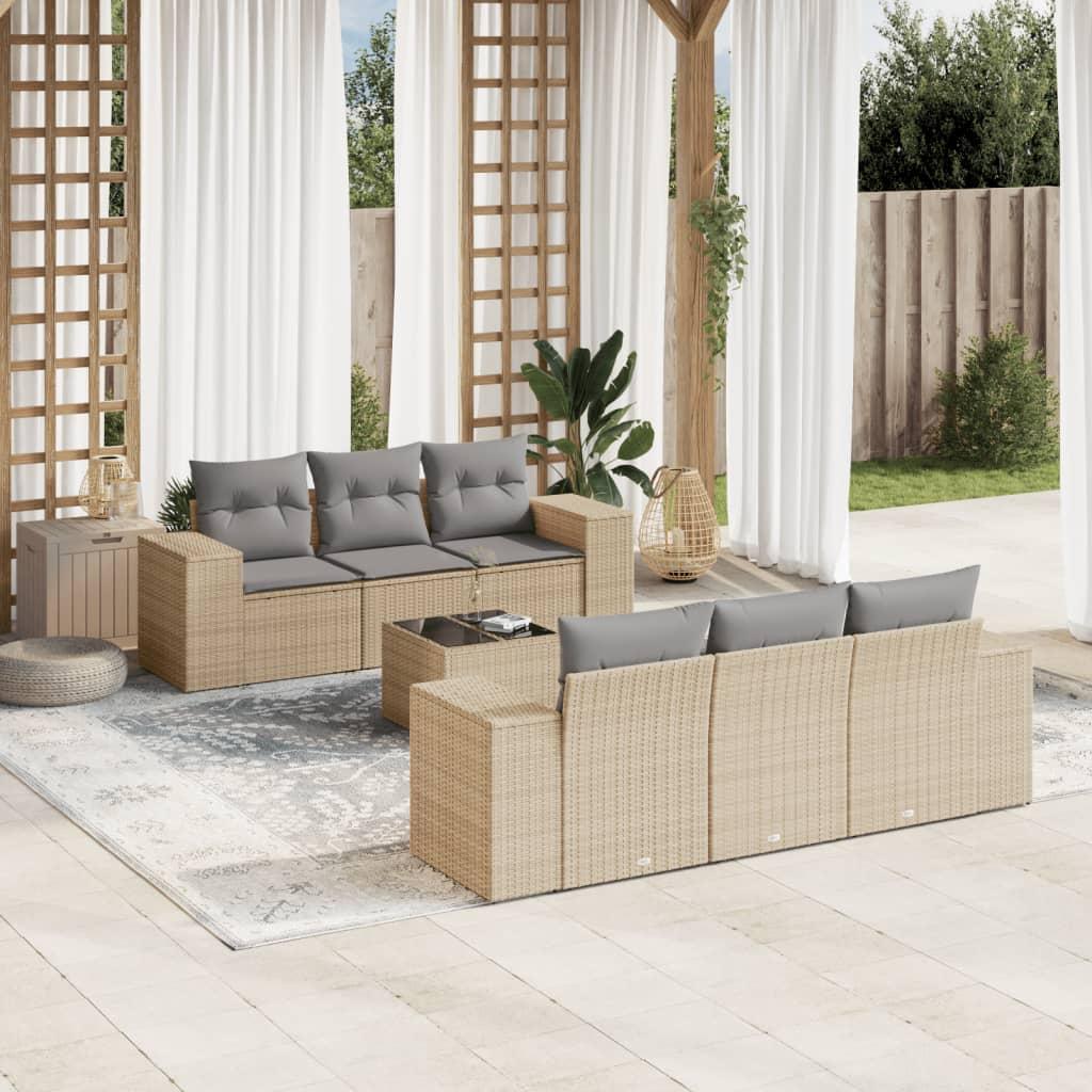 Sofasæt til haven i polyrattan - 7 dele med hynder, beige