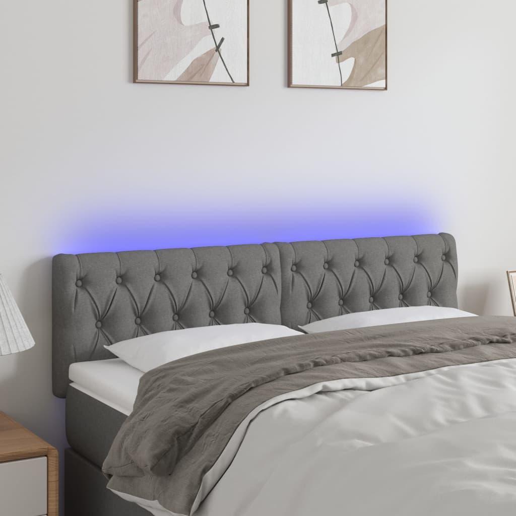 Sengegavl med LED-lys 144x7x78/88 cm stof mørkegrå billede