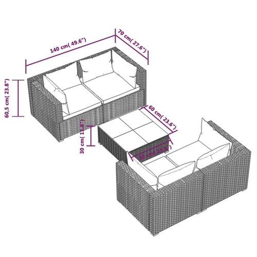 Loungesæt til haven 5 dele med hynder polyrattan brun