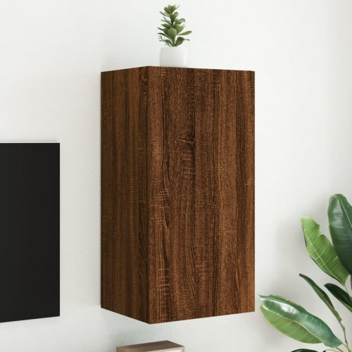 Væghængt tv-bord med LED-lys - brun egetræ, 40,5 x 35 x 80 cm