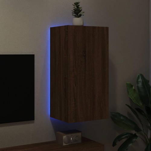 Væghængt tv-bord med LED-lys - brun egetræ, 40,5 x 35 x 80 cm