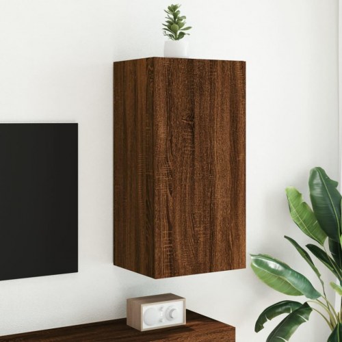 Væghængt tv-bord med LED-lys - brun egetræ, 40,5 x 35 x 80 cm