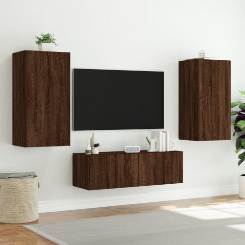 Væghængt tv-bord med LED-lys - brun egetræ, 40,5 x 35 x 80 cm