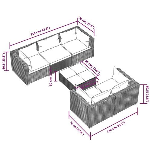 Loungesæt til haven 6 dele med hynder polyrattan brun