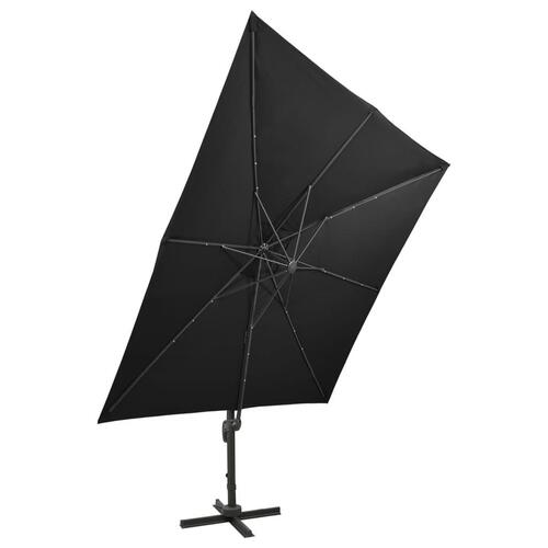Hængeparasol med stang + LED-lys 300 cm sort