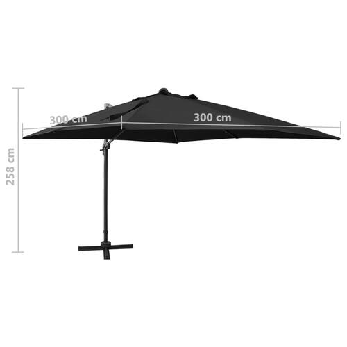 Hængeparasol med stang + LED-lys 300 cm sort