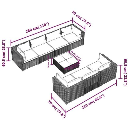 Loungesæt til haven 8 dele med hynder polyrattan grå
