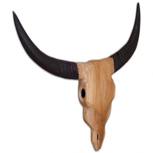 Vægmonteret tyrekranieskulptur i teak 69 x 6 x 60 cm
