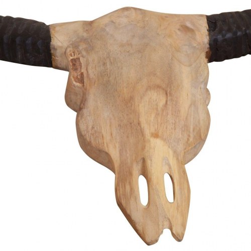 Vægmonteret tyrekranieskulptur i teak 69 x 6 x 60 cm