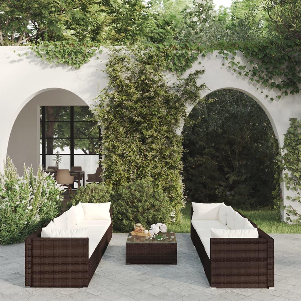 Loungesæt til haven 9 dele med hynder polyrattan brun