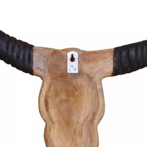 Vægmonteret tyrekranieskulptur i teak 69 x 6 x 60 cm