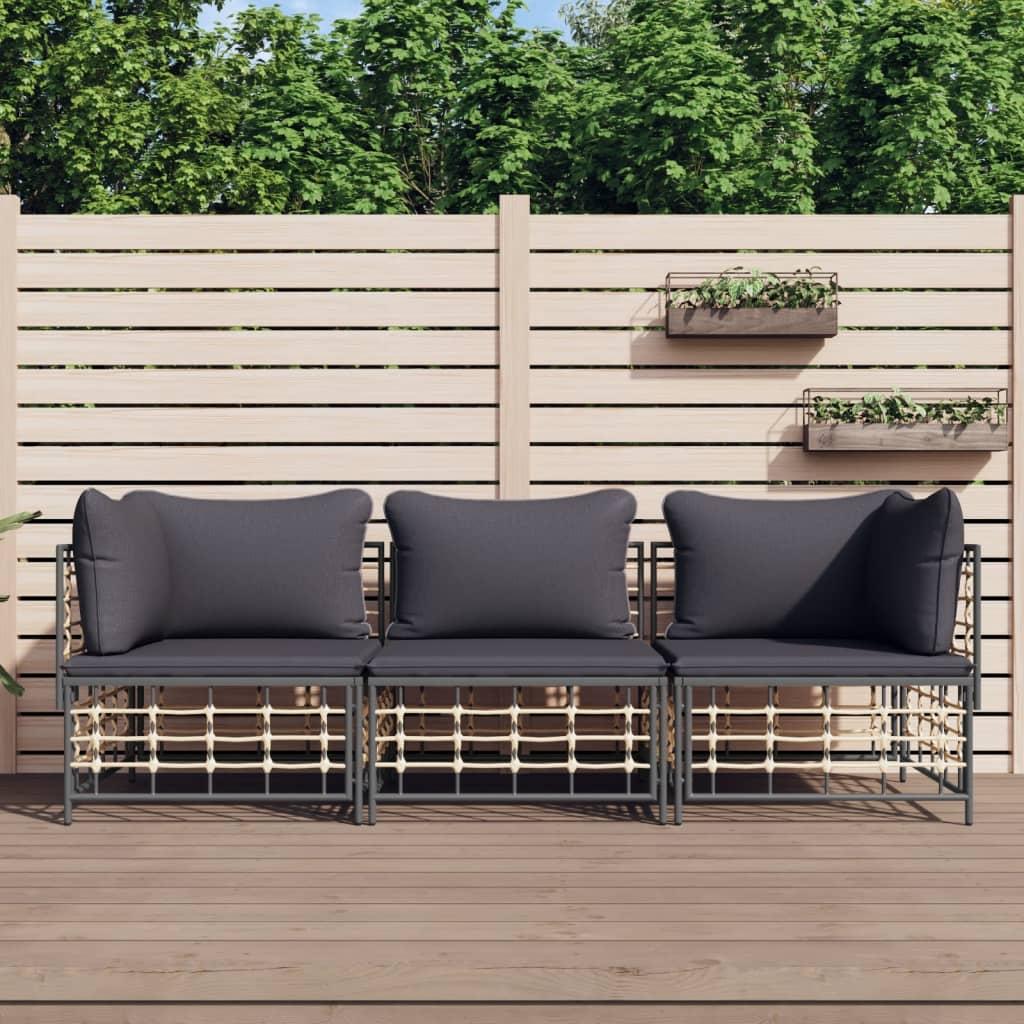 Loungesæt til haven 3 dele med hynder polyrattan antracitgrå