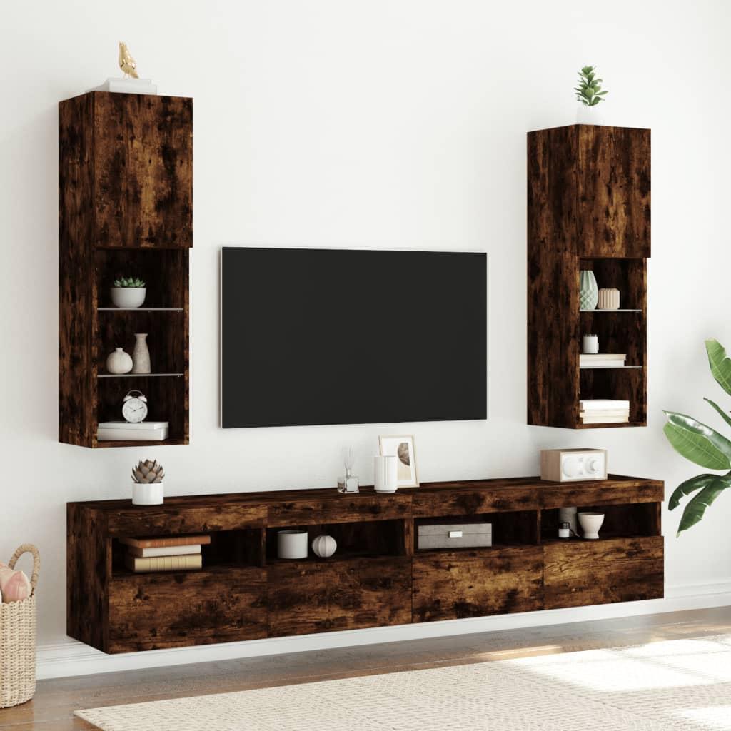 Tv-borde med LED-lys 2 stk. 30,5x30x102 cm røget egetræsfarve