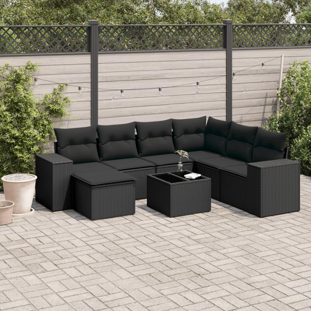 Sofasæt til haven i polyrattan - 8 dele med hynder, sort