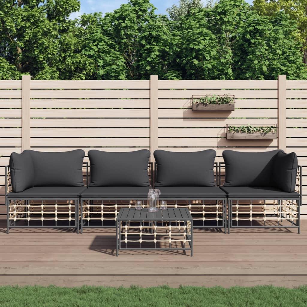 Loungesæt til haven 5 dele med hynder polyrattan antracitgrå