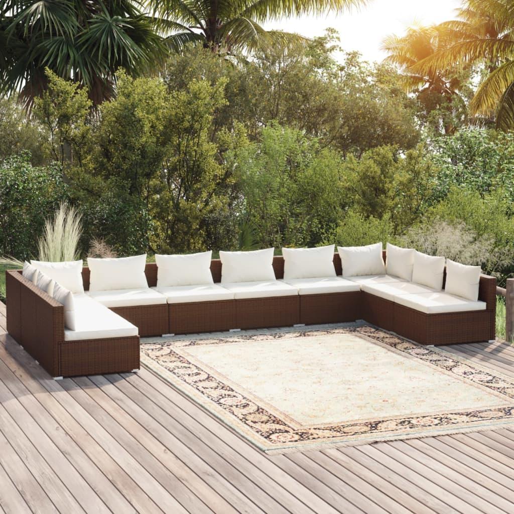 Loungesæt til haven 10 dele med hynder polyrattan brun
