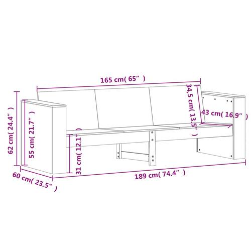 3-personers havesofa 189x60x62 cm massivt fyrretræ hvid