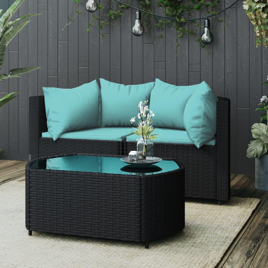Loungesæt til haven 3 dele med hynder polyrattan sort