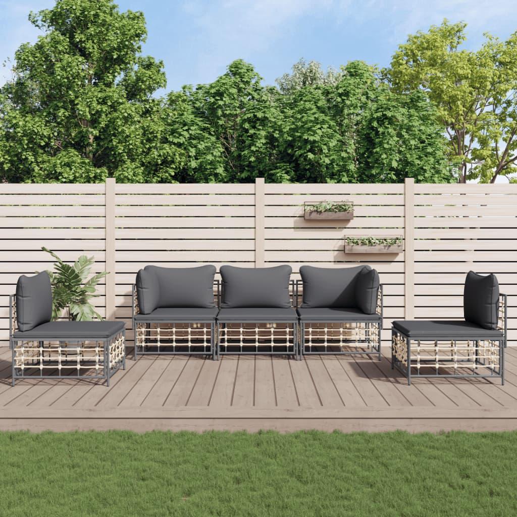 Loungesæt til haven 5 dele med hynder polyrattan antracitgrå