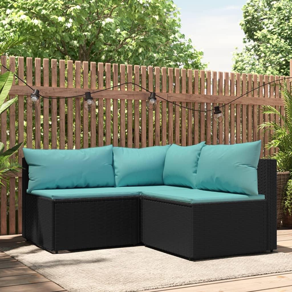 Loungesæt til haven 3 dele med hynder polyrattan sort