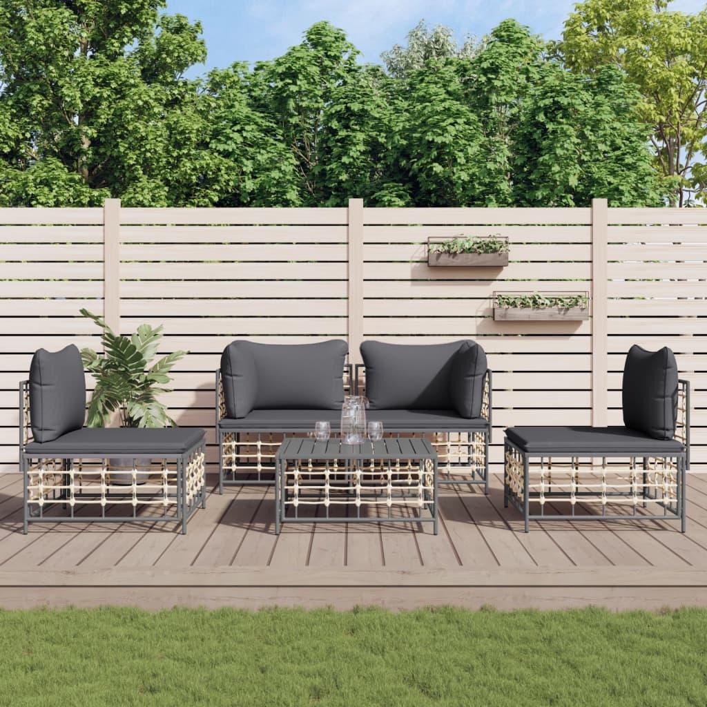 Loungesæt til haven 5 dele med hynder polyrattan antracitgrå