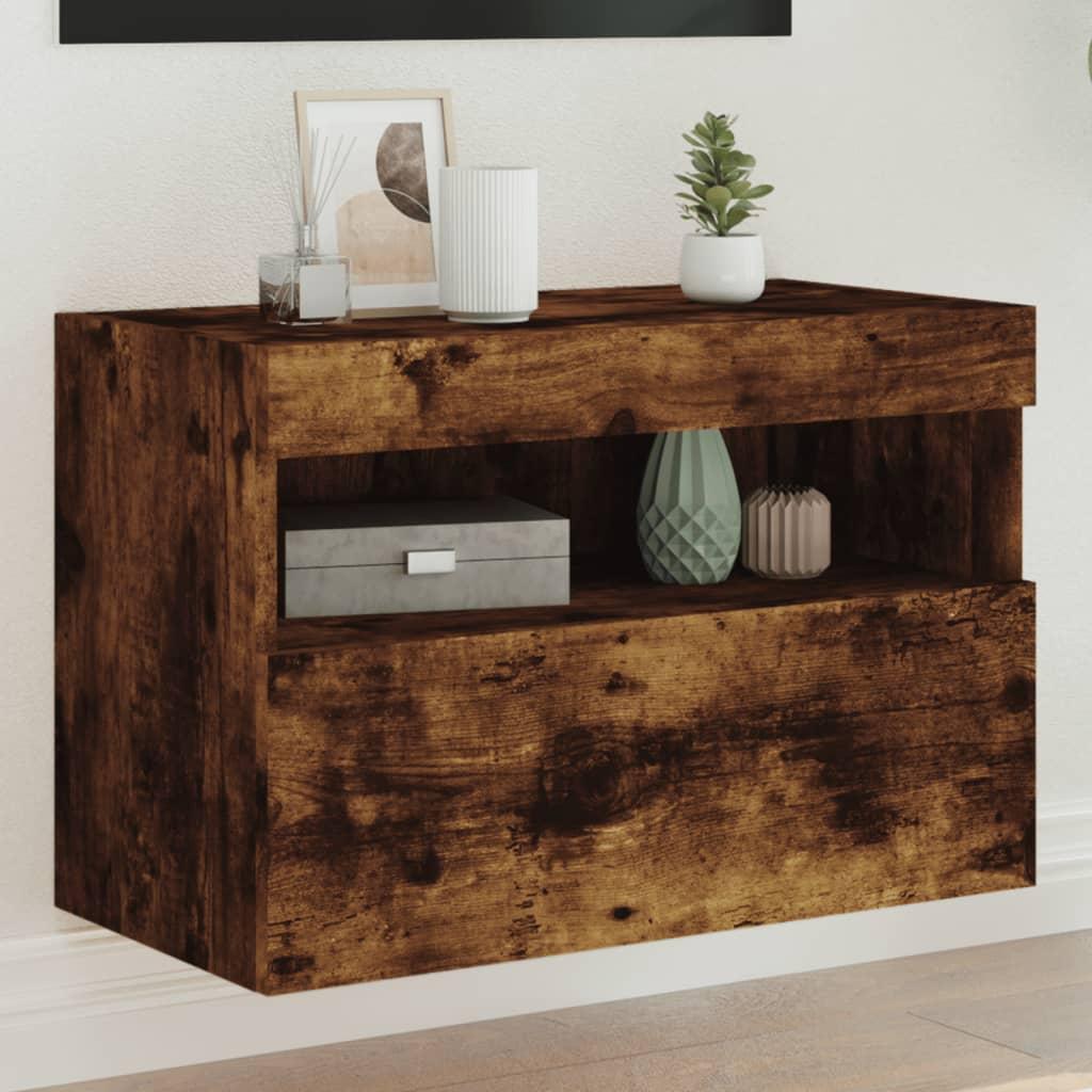 Væghængt tv-bord med LED-lys 60x30x40 cm røget egetræsfarve