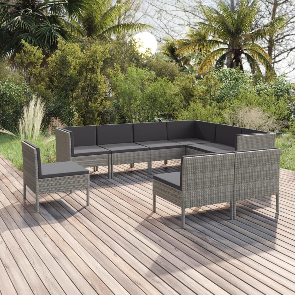 Loungesæt til haven 9 dele med hynder polyrattan grå