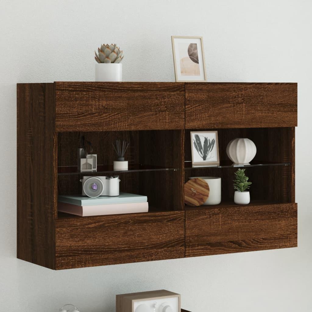 Væghængt tv-bord med LED-lys 98,5x30x60,5 cm brun egetræsfarve