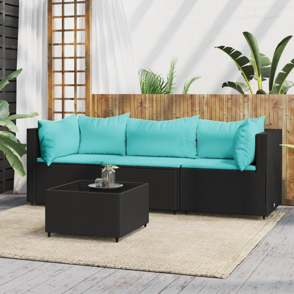 Loungesæt til haven 4 dele med hynder polyrattan sort