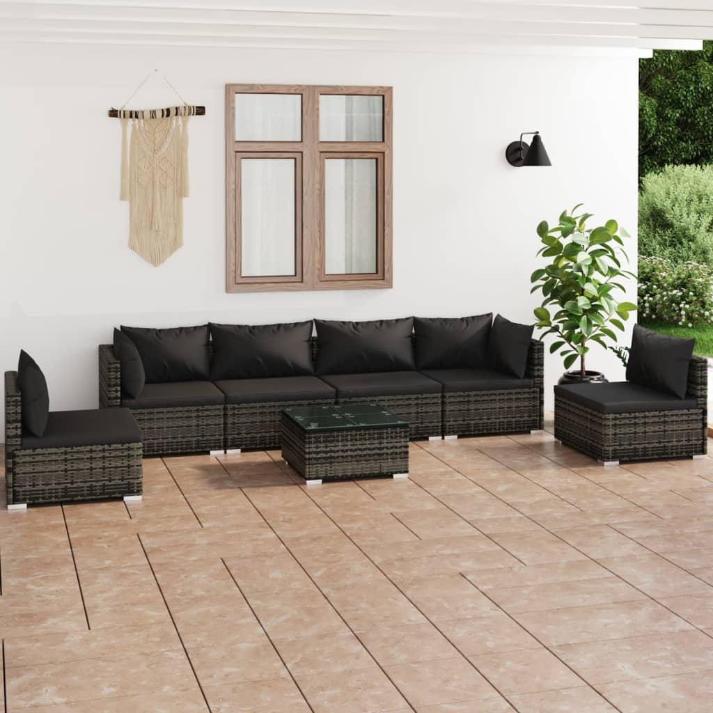 Loungesæt til haven 7 dele med hynder polyrattan grå
