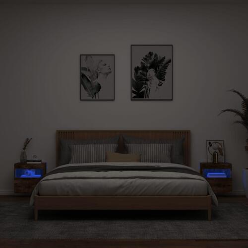 Væghængte tv-borde 2 stk. med LED-lys 40x30x40 cm røget eg