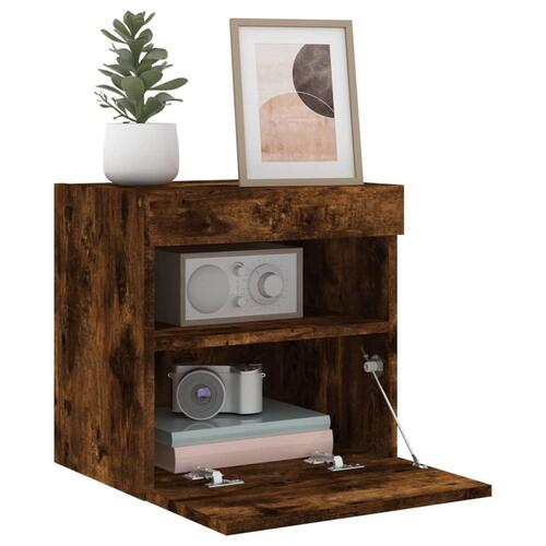 Væghængte tv-borde 2 stk. med LED-lys 40x30x40 cm røget eg