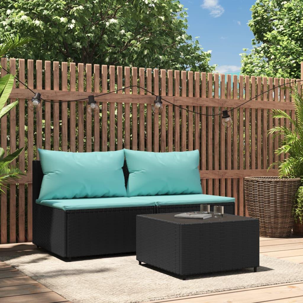 Loungesæt til haven 3 dele med hynder polyrattan sort