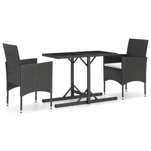 Spisebordssæt til haven 3 dele polyrattan og hærdet glas sort