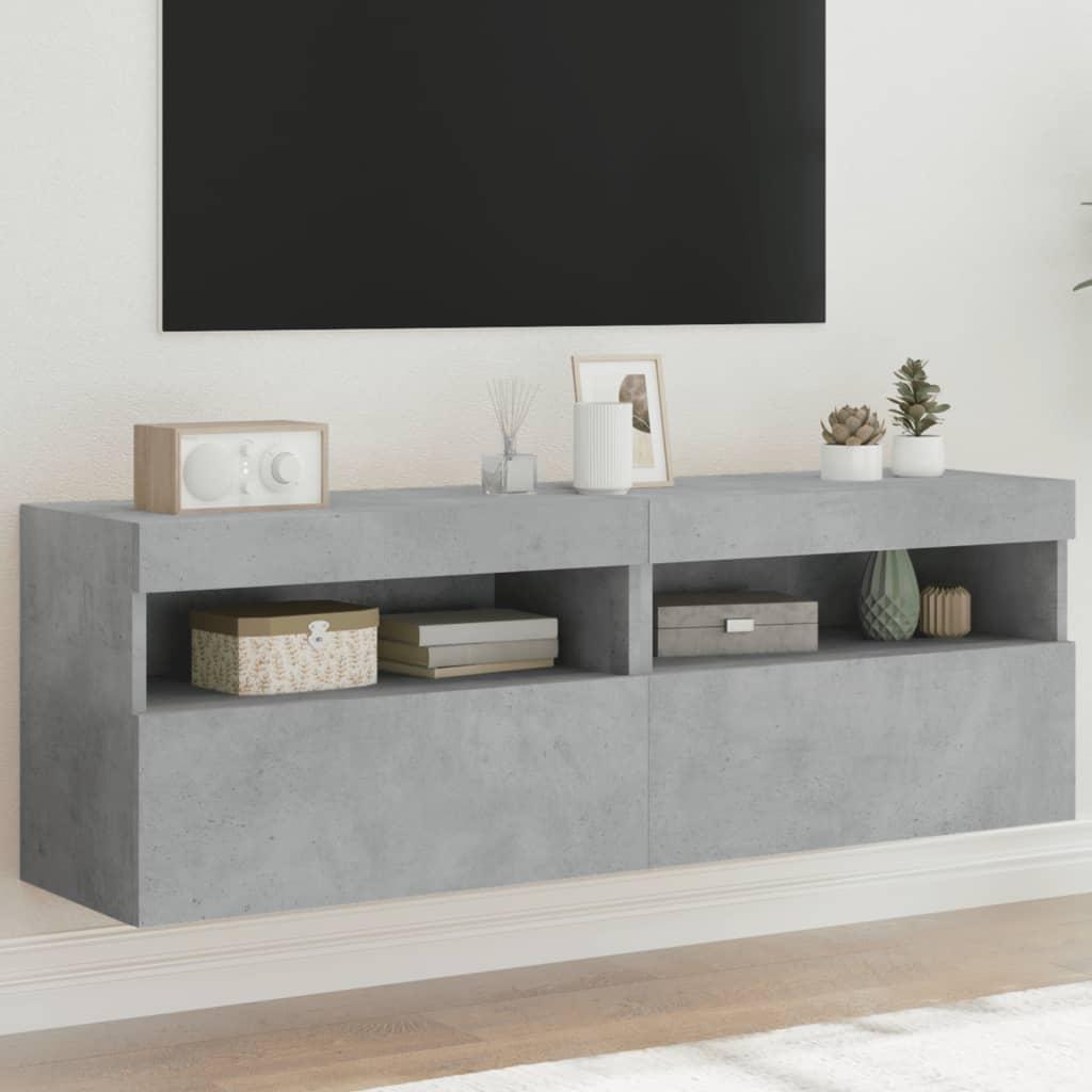 Væghængte tv-borde 2 stk. med LED-lys 60x30x40 cm betongrå