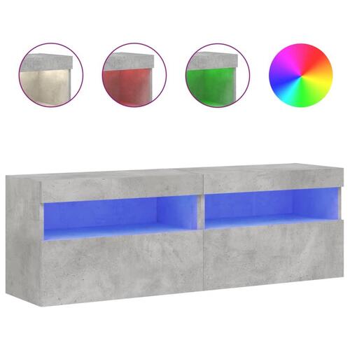 Væghængte tv-borde 2 stk. med LED-lys 60x30x40 cm betongrå